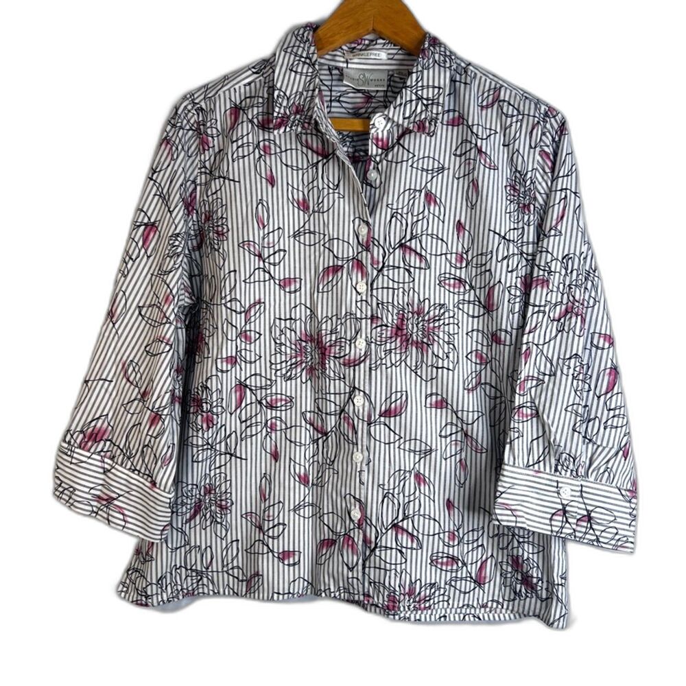 Studio Works Wrinkle Free Floral Striped Blouse Casual Office Work Size PL